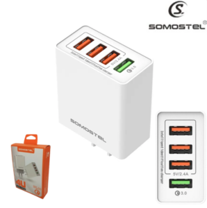 Cargador De Pared Somostel 4 USB / 1 Puerto 3.0 FAST CHARGE + 3 Puertos 2.4A (SMS-A08)