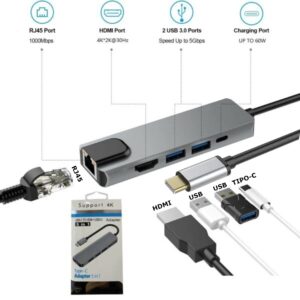 Adaptador HUB Tipo-C 5 En 1 Metálico (USB 3.0 / USB 2.0 / RJ45 / HDMI / Tipo-C PD)