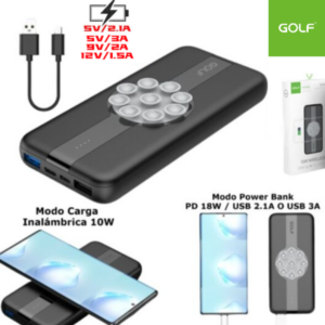 Power Bank GOLF Con Cargador Inalámbrico (QI) 10W / 10000 MAH / PD 18W / 2 USB (5V/2.1A + 5V/3A / 9V/2A / 12V/1.5A)