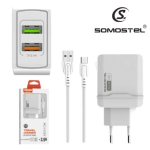 Cargador De Pared Somostel Doble Puerto USB 2.4A + Cable Tipo-C (A138)