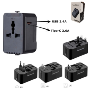 Adaptador Cargador De Viaje Con USB (5V/2.4A) + Puerto Tipo-C (5V/3.6A)  / 100V-1000W / 250V-1500W