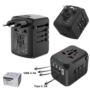 Adaptador Cargador De Viaje Con 3 USB (5V/2.4A) + Puerto Tipo-C (5V/3A)  / 110V-693W / 250V-1575W