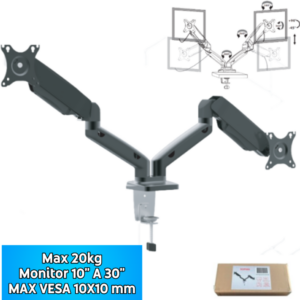 Soporte Para Monitor De 10″ A 30″ / MAX 20KG (10kg Cada Brazo) / MAX VESA 100X100MM / Doble Brazo A Gas