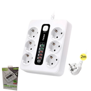 Zapatilla / Alargue 2MT / 6 Toma Corriente Schuko 3000W / 5 USB 5V-3.4A / 1 Puerto Tipo-C PD 20W