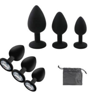 Set Kit 3 Plug Anal / Siliconado / Con Bolsito / Negros / Gema Transparente