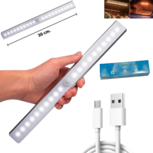 Tira LED Magnética Recargable / 30 cm / 20 LED Cálida / Sensor De Movimiento Y Fotocélula / 1000 mah