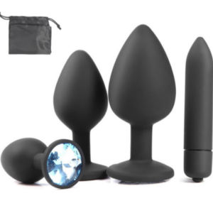 Set Kit 3 Plug Anal + Consolador Vibrador / Siliconado / Con Bolsito / Negro / Gema Celeste