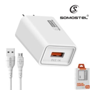 Cargador De Pared SOMOSTEL Puerto USB 2.1A + Cable Micro USB (A20)