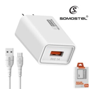 Cargador De Pared SOMOSTEL Puerto USB 2.1A + Cable Tipo-C (A20)