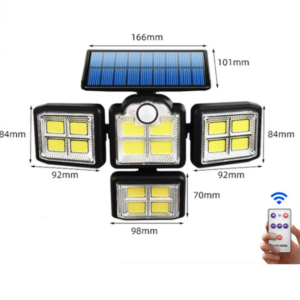 Foco Solar 4 Cabezas / 35W / 2400 Mah / 198 Led COB / Control Remoto / Sensor de Movimiento / Panel Independiente