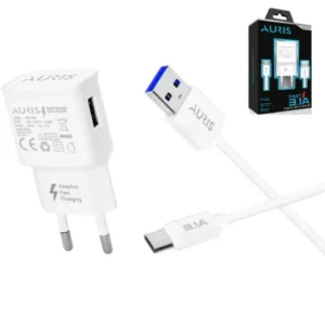 Cargador De Pared Puerto USB 3.1A FAST CHARGE QC3.0 + Cable Tipo-C / AURIS