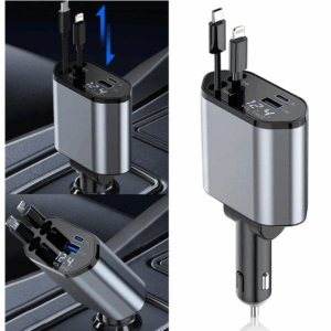 Cargador De Auto 4 en 1 120W Con USB + Puerto Tipo-C PD + 2 Cables Retractiles PD (Cable Tipo-C A Tipo-C + Cable Tipo-C Para iPhone Lightning)