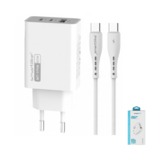 Cargador De Pared SmartiLike 65W Triple Puerto PD + 2 USB + Cable PD Tipo-C A Tipo-C / MT-TP06