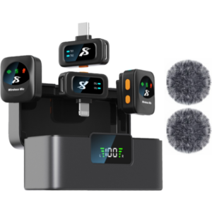 2 Micrófonos Inalámbricos Solaperos Para Celular 2en1 ( Tipo-C & Lightning ) Con Base De Carga / Con Filtro / SX36