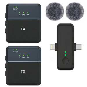 2 Micrófonos Inalámbricos Solaperos Para Celular 3 En 1 ( Tipo-C & Lightning + Aux 3.5mm Hembra ) / Con Filtro / SX31