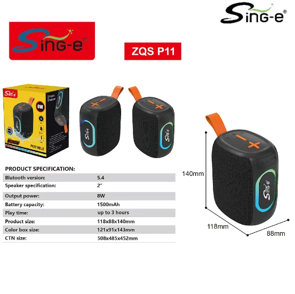 Parlante 2″ Bluetooth / MicroSD / USB / 8W / 1500mah / Sing-e ZQS-P11
