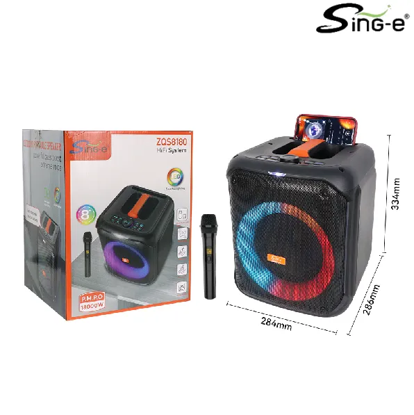 Parlante 8″ Bluetooth Con Micrófono / Con DSP / Radio FM / MicroSD / USB / AUX 3.5mm / 40W / 18000W P.M.P.O / 3000mah / Sing-e ZQS-8180
