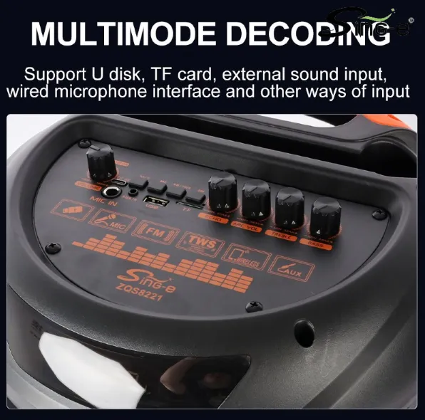 Parlante 8″x2 Bluetooth Con Micrófono Y Control / Radio FM / MicroSD / USB / AUX 3.5mm / 20Wx2 / 4500mah / Sing-e ZQS-8221