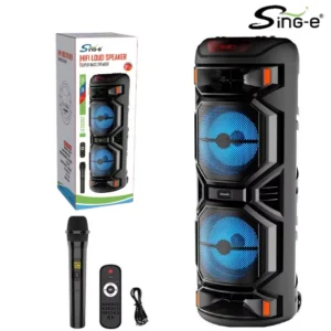 Parlante 8″x2 Bluetooth Con Micrófono Y Control / Radio FM / MicroSD / USB / AUX 3.5mm / 20Wx2 / 4500mah / Sing-e ZQS-8221