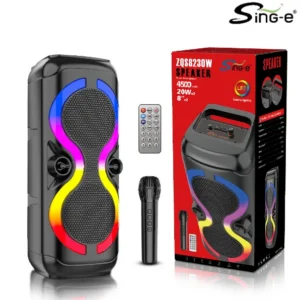 Parlante 8″x2 Bluetooth Con Micrófono Y Control / Radio FM / MicroSD / USB / AUX 3.5mm / 20Wx2 / 4500mah / Sing-e ZQS-8230w