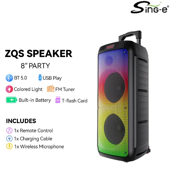 Parlante 8″x2 Bluetooth Con Micrófono Y Control / Con DSP / Radio FM / MicroSD / USB / AUX 3.5mm / 30Wx2 / 6000mah / Sing-e ZQS-8236