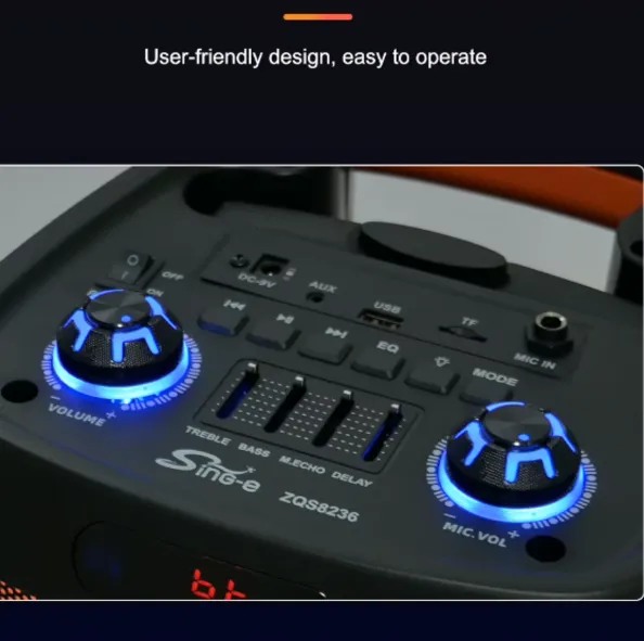 Parlante 8″x2 Bluetooth Con Micrófono Y Control / Con DSP / Radio FM / MicroSD / USB / AUX 3.5mm / 30Wx2 / 6000mah / Sing-e ZQS-8236