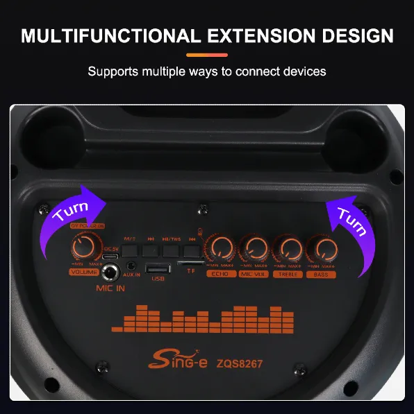 Parlante 8″x2 Bluetooth Con Micrófono Y Control / Radio FM / MicroSD / USB / AUX 3.5mm / 20Wx2 / 4500mah / Sing-e ZQS-8267