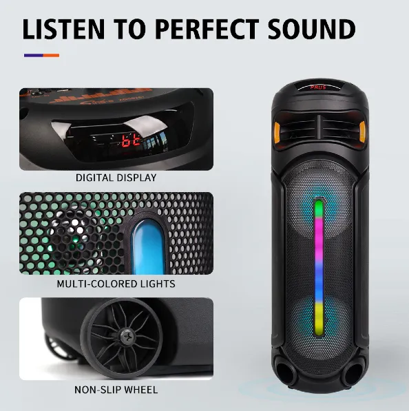 Parlante 8″x2 Bluetooth Con Micrófono Y Control / Radio FM / MicroSD / USB / AUX 3.5mm / 20Wx2 / 4500mah / Sing-e ZQS-8267