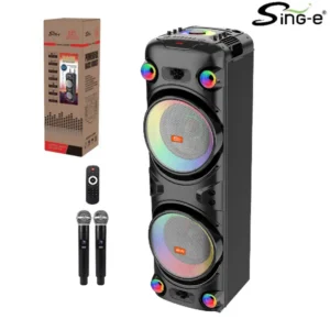 Parlante 12″x2 Bluetooth Con 2 Micrófonos Y Control / Con DSP / Radio FM / MicroSD / USB / AUX 3.5mm / 50Wx2 / 30000W P.M.P.O / 6600mah / Sing-e JQS-9055