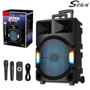 Parlante Bluetooth 15″ Con 2 Micrófonos Y Control / Radio FM / MicroSD / USB / AUX 3.5mm / 40W / 20000W P.M.P.O / 2500mah / Sing-e ZQS-15112