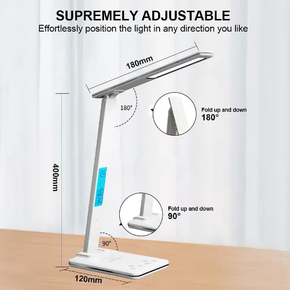 Lampara De Escritorio Luz Led Con Pantalla Digital / Reloj Alarma Despertador / Hora / Fecha / Temperatura / Carga Inalámbrica QI 10W