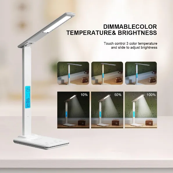 Lampara De Escritorio Luz Led Con Pantalla Digital / Reloj Alarma Despertador / Hora / Fecha / Temperatura / Carga Inalámbrica QI 10W