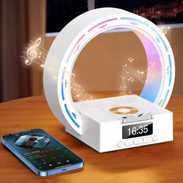 Lampara Luz Led Parlante Bluetooth / Reloj Con Alarma Despertador / Carga Inalámbrica QI 15W