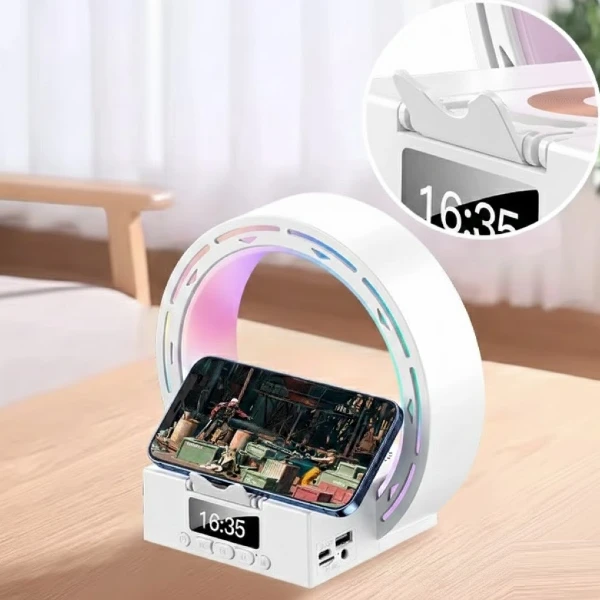 Lampara Luz Led Parlante Bluetooth / Reloj Con Alarma Despertador / Carga Inalámbrica QI 15W