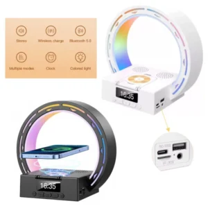 Lampara Luz Led Parlante Bluetooth / Reloj Con Alarma Despertador / Carga Inalámbrica QI 15W