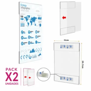 PACK 2 Porta Hojas A4 En Acrílico Exhibidor Para Pared / Vertical / 21*29.7cm * 2.3mm