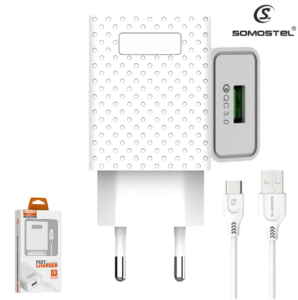 Cargador De Pared Somostel USB QC3.0 + Cable USB A Tipo-C (A77)