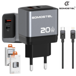 Cargador De Pared Somostel PD 20W + Puerto USB QC3.0 Con Cable PD Tipo-C A Lightning (Para iPhone) (Q95)