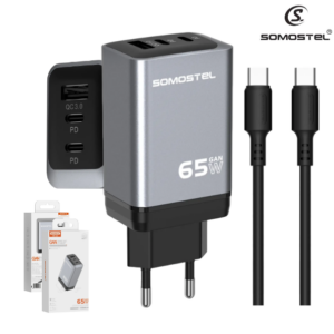 Cargador De Pared Somostel Doble Puerto PD 65W (MAX) GAN + Puerto USB QC3.0 Con Cable Tipo-C A Tipo-C (Q99)