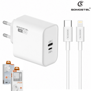 Cargador De Pared Somostel PD 20W + Puerto Lightning Con Cable Tipo-C A Lightning (Q44)