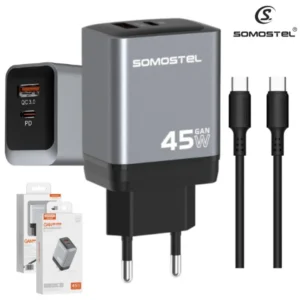 Cargador De Pared Somostel PD 45W GAN + Puerto USB QC3.0 Con Cable Tipo-C A Tipo-C (Q98)