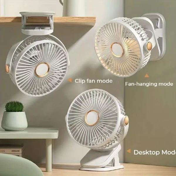 Ventilador Portátil Recargable 3 En 1 Clip + Gancho + Pared / Con Luz Led